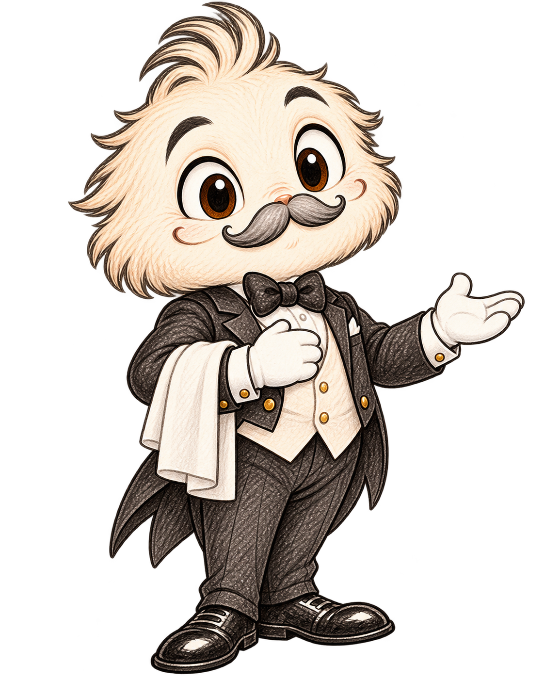 Mr. Crumbs the fluffy cream-colored butler, welcoming visitors with an open gloved hand.