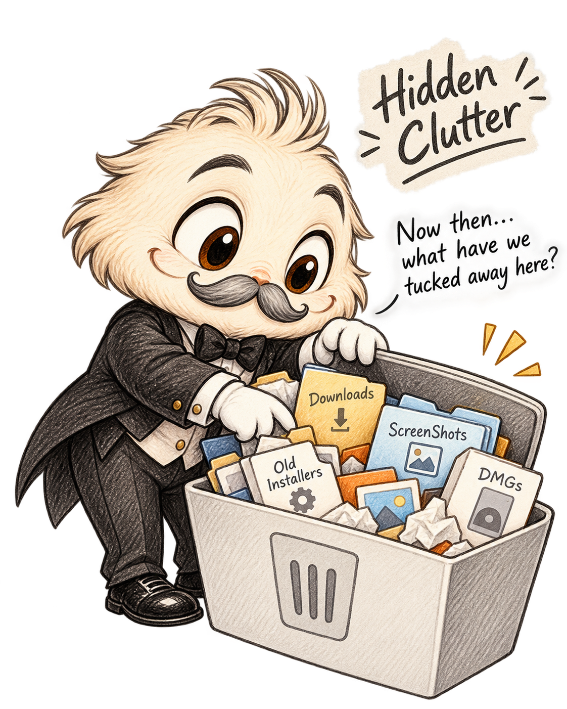 Mr. Crumbs peers into a box containing forgotten downloads, screenshots and installers.