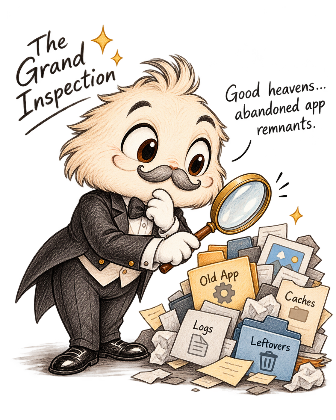 Mr. Crumbs studies abandoned application files and caches with a magnifying glass.
