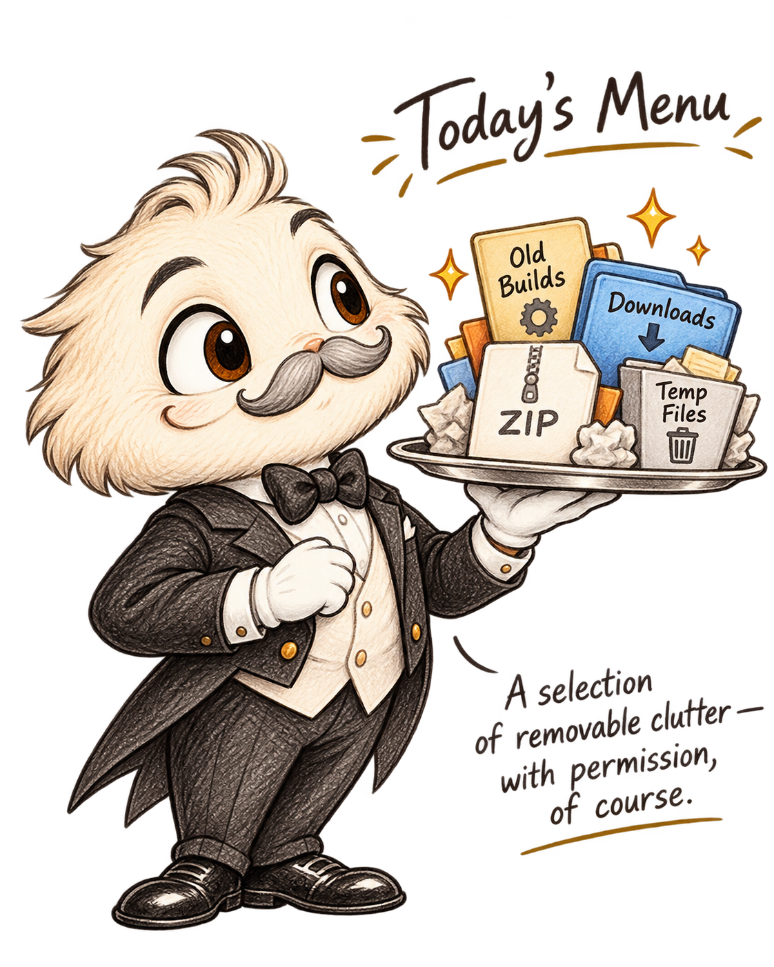 Mr. Crumbs holds a silver tray piled with old builds, ZIP files, downloads and temporary files.