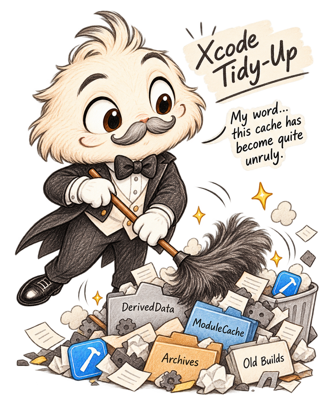 Mr. Crumbs tidies piles of Xcode DerivedData, modules and old builds with a feather duster.