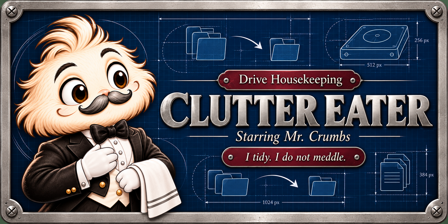Clutter Eater blueprint artwork with Mr. Crumbs, metal frame, and four corner screws