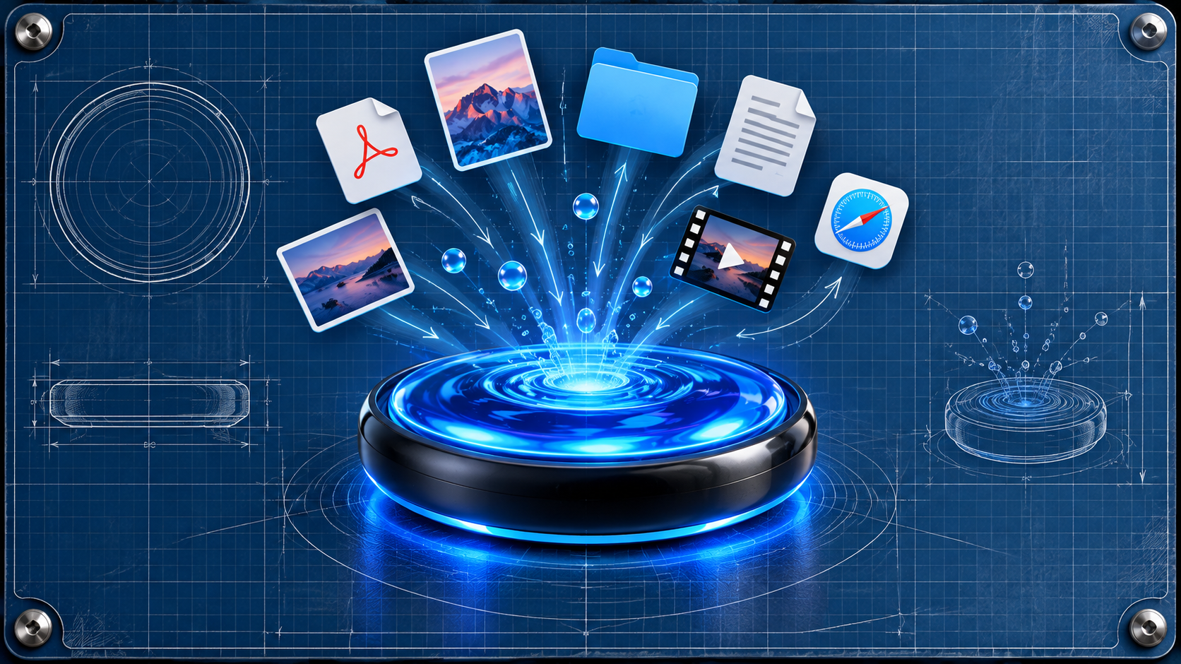Ripple blueprint artwork showing files dropping into the Ripple puck