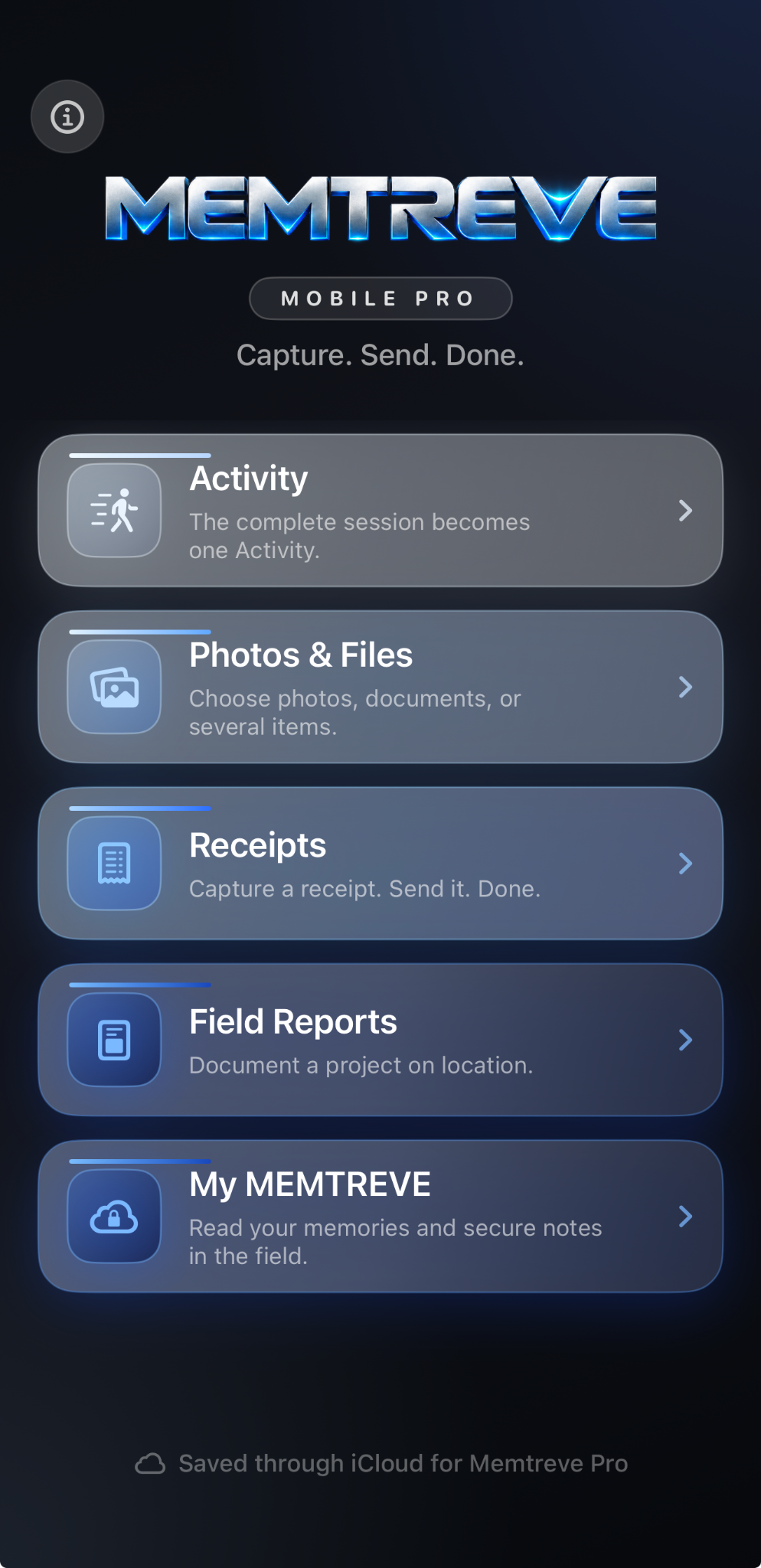 Actual MEMTREVE Mobile iPhone screen showing five options: Activity, Photos and Files, Receipts, Field Reports, and My MEMTREVE.