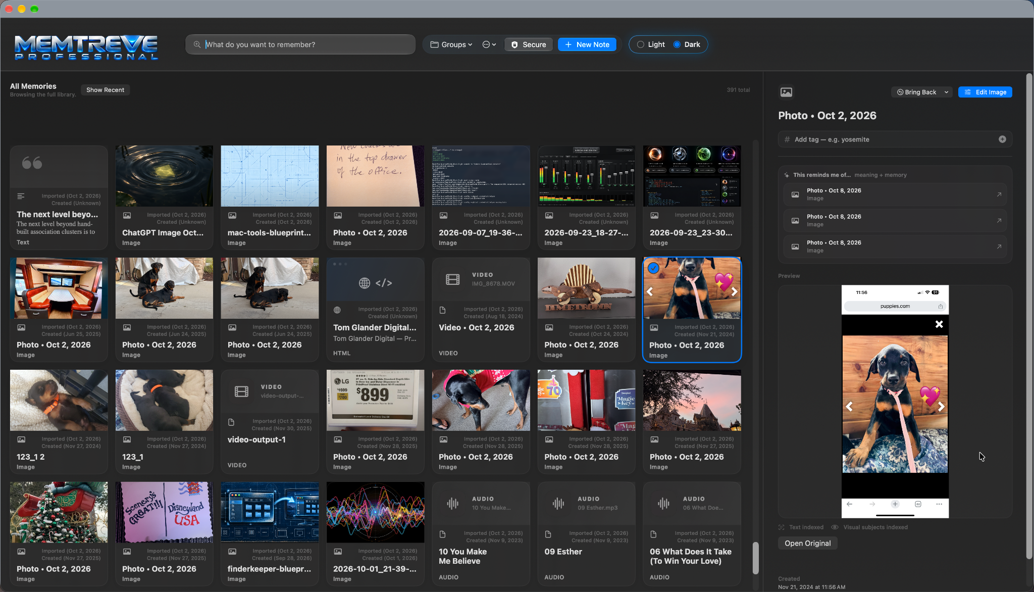 Real MEMTREVE Mac application in dark mode, showing memories, photos, files, audio and video, with a selected puppy photograph and its connected memories in the right panel.