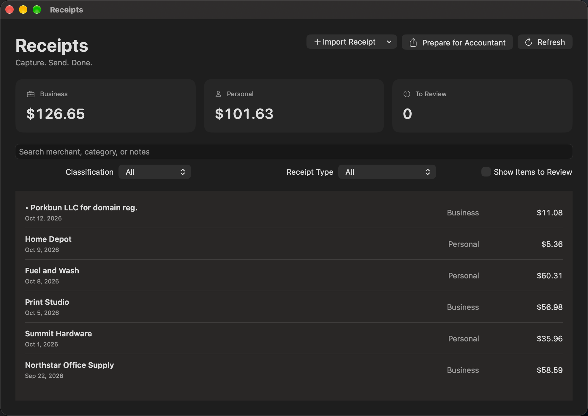 Actual MEMTREVE Receipts workspace showing business and personal totals, review status, and a list of transactions.