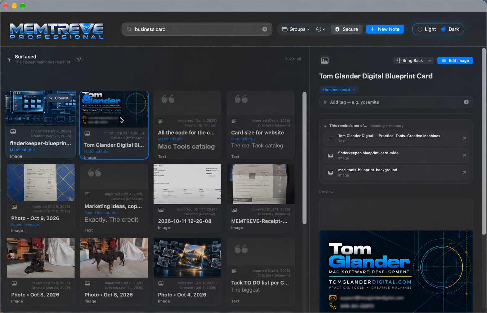 Actual MEMTREVE search results for business card, showing matching memories, a selected business card preview, and related content. Contact information is obscured.