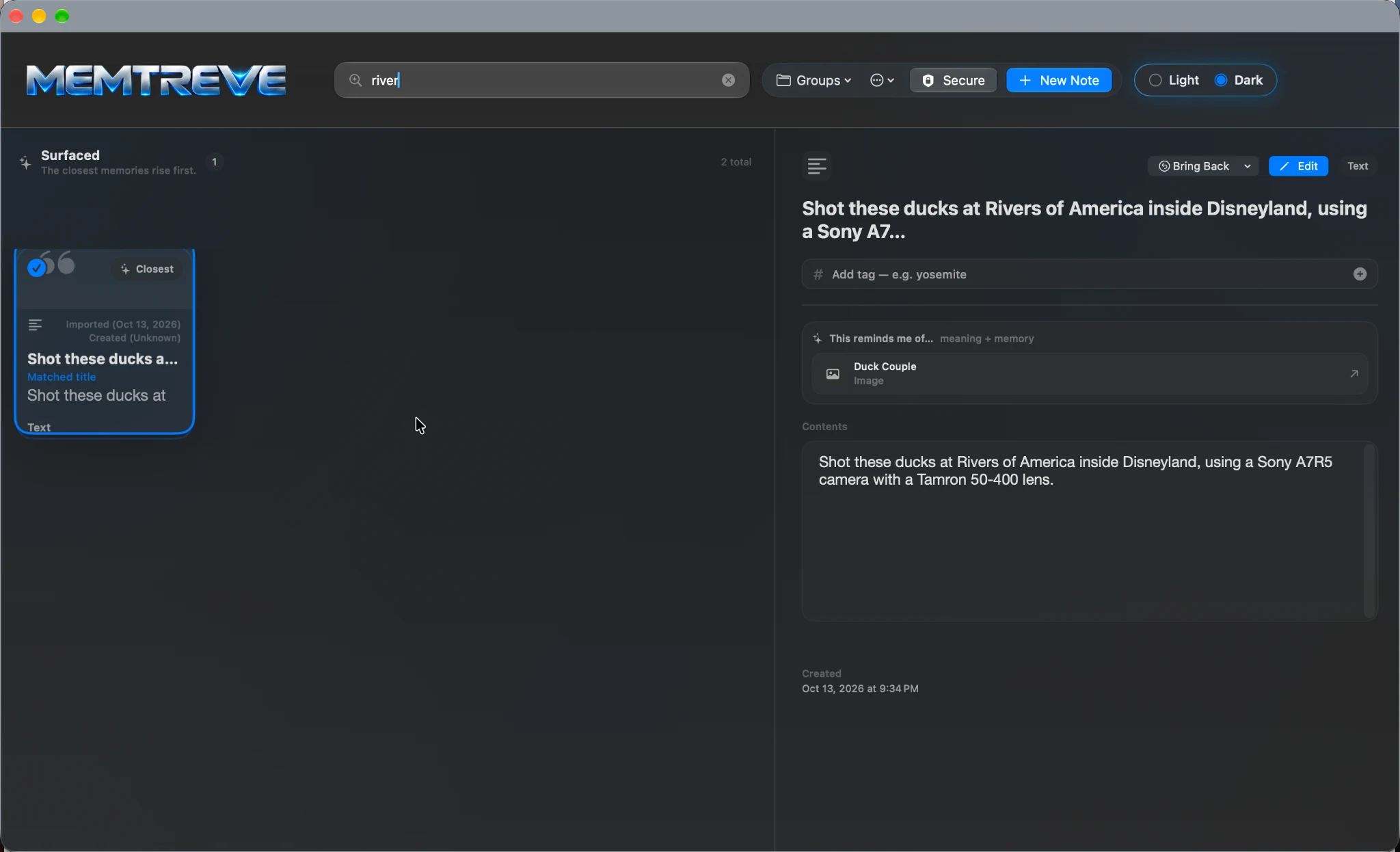 Actual MEMTREVE search for river, showing the matching note, its contents and a related Duck Couple photo.